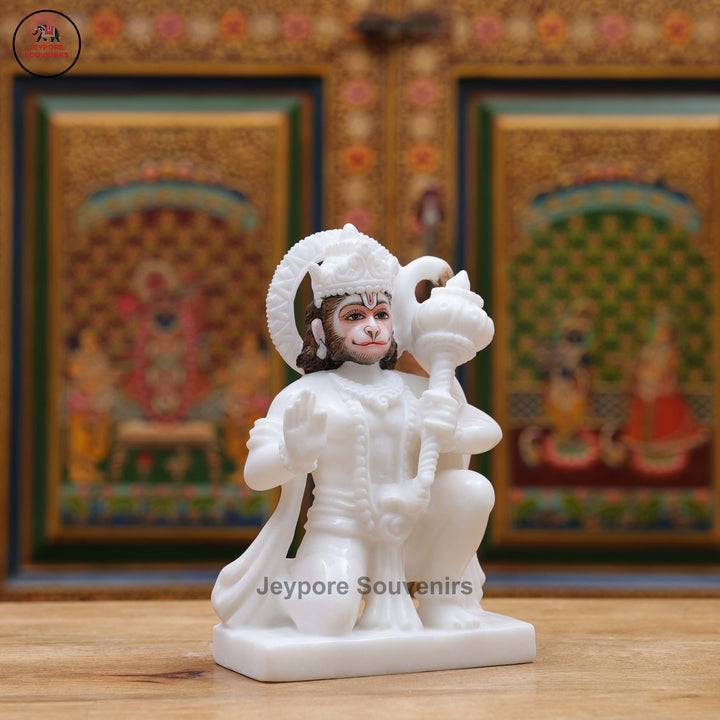 Handcrafted White Marble Lord Hanuman Idol with Gada