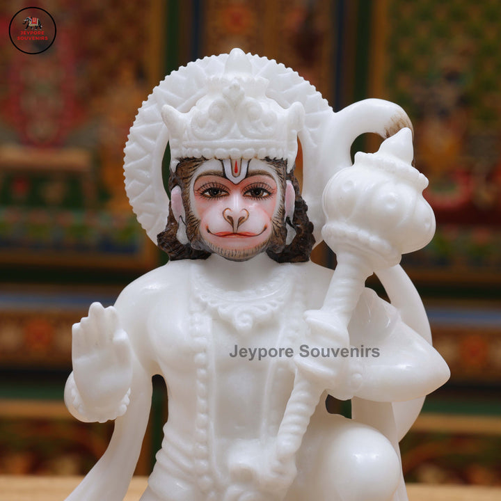 Handcrafted White Marble Lord Hanuman Idol with Gada