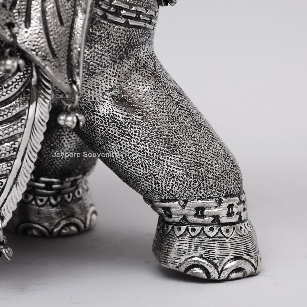 Handcrafted Silver-Plated Warrior Elephant Statue with Lion Battle Scene