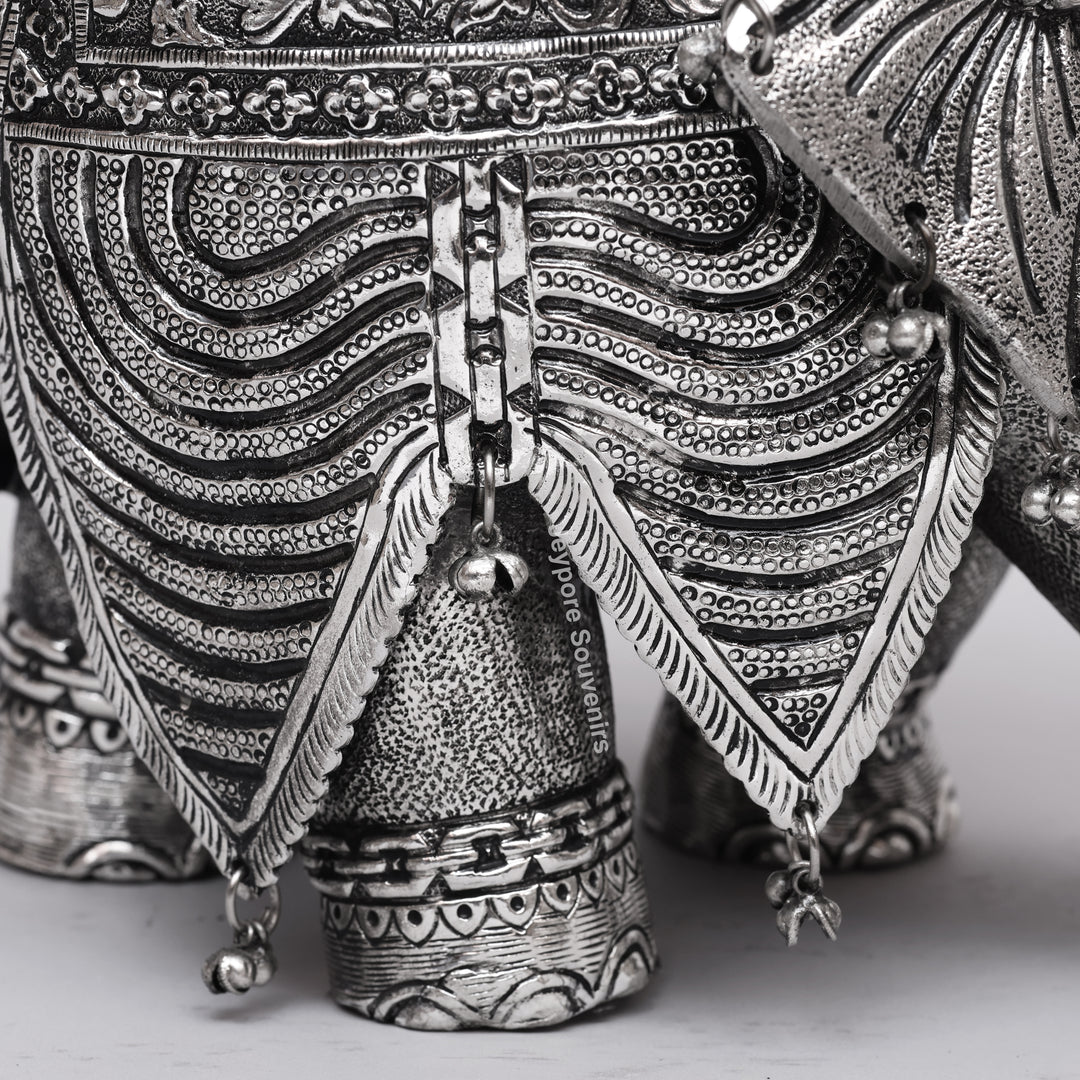 Handcrafted Silver-Plated Warrior Elephant Statue with Lion Battle Scene