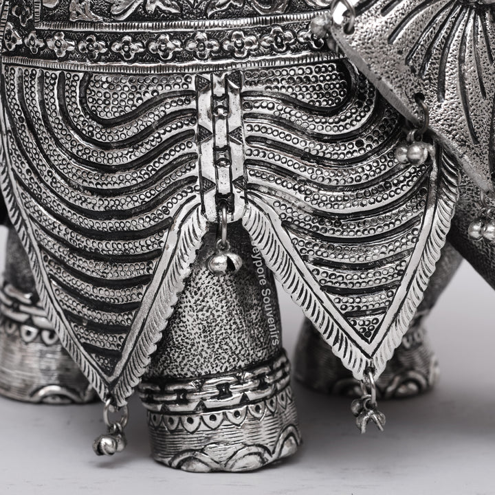 Handcrafted Silver-Plated Warrior Elephant Statue with Lion Battle Scene