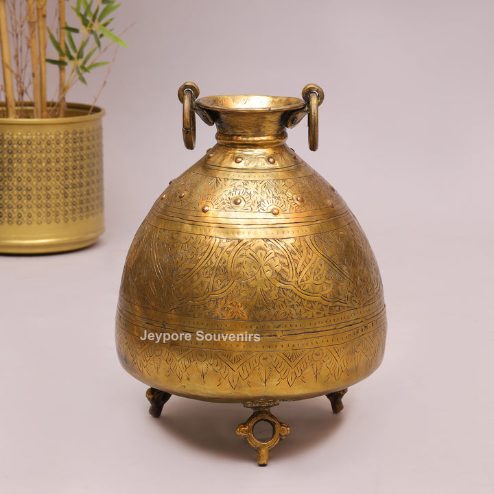 Brass Handcrafted Engraved Planter Pot with Ring Handles