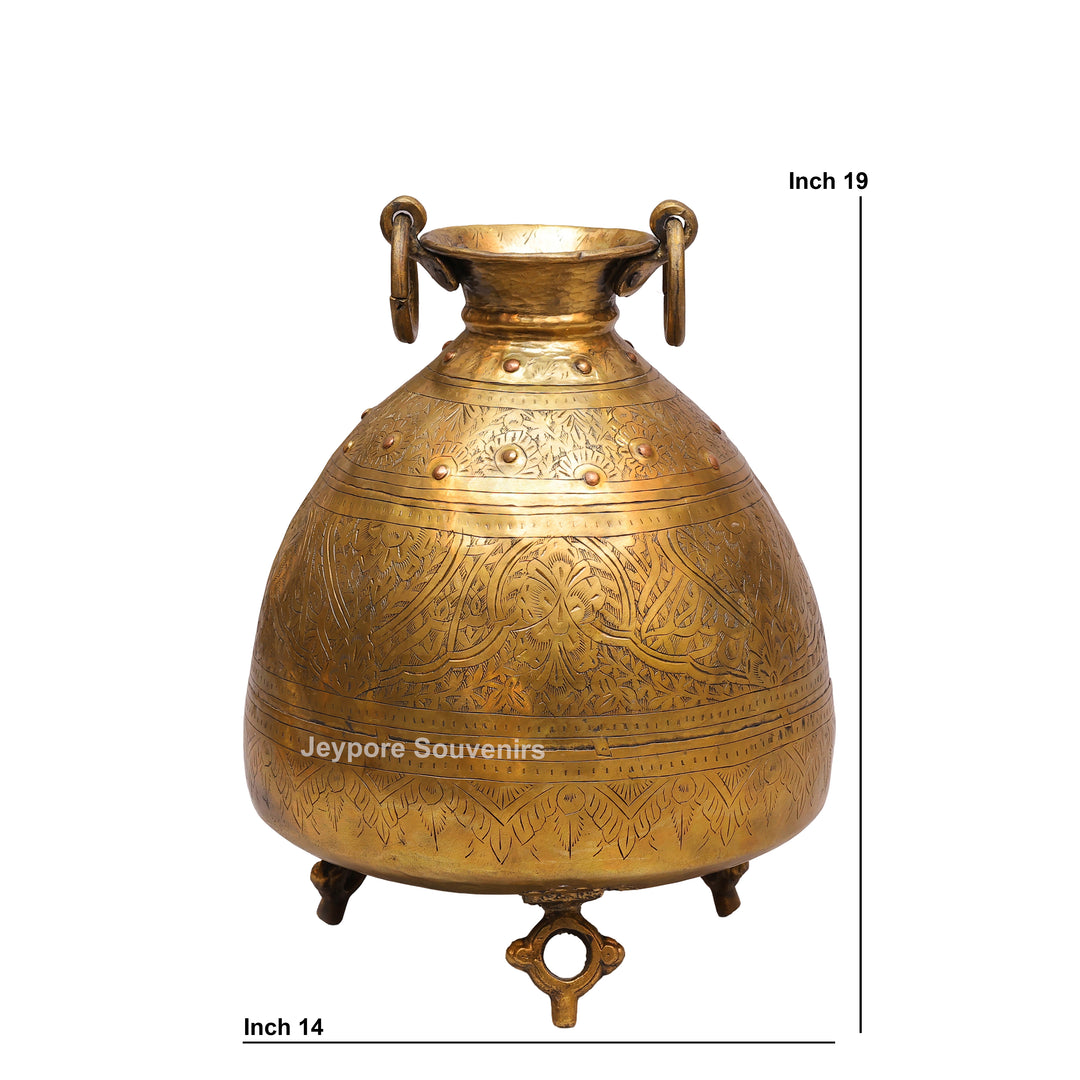 Brass Handcrafted Engraved Planter Pot with Ring Handles