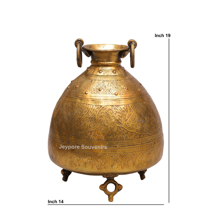 Brass Handcrafted Engraved Planter Pot with Ring Handles