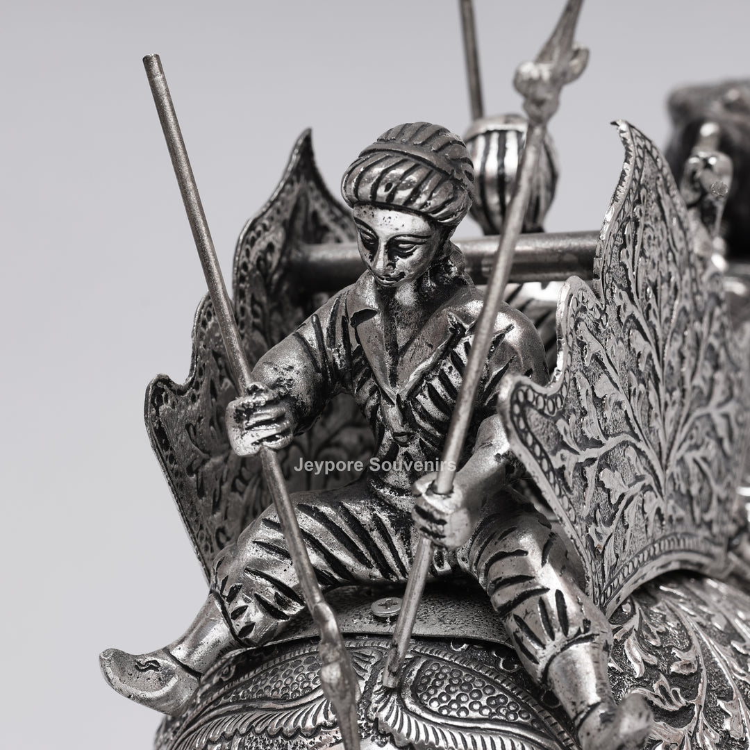 Handcrafted Silver-Plated Warrior Elephant Statue with Lion Battle Scene