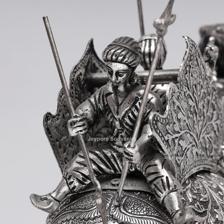 Handcrafted Silver-Plated Warrior Elephant Statue with Lion Battle Scene