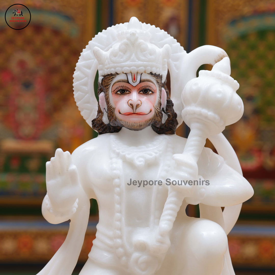 Handcrafted White Marble Lord Hanuman Idol with Gada
