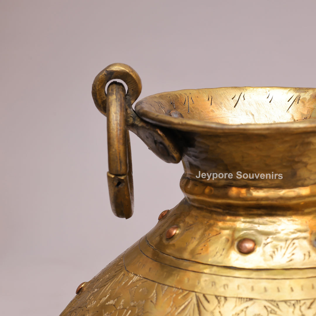 Brass Handcrafted Engraved Planter Pot with Ring Handles