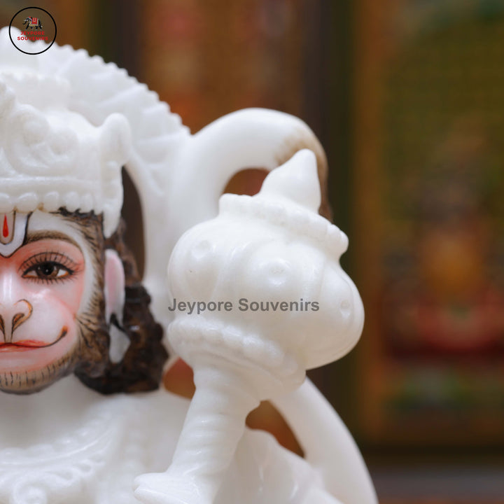 Handcrafted White Marble Lord Hanuman Idol with Gada