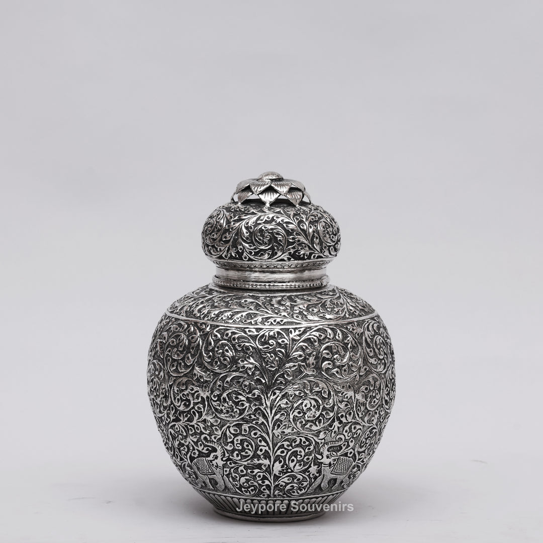 Handcrafted Silver Polished Copper Vase with Floral &amp; Elephant Engraving Art