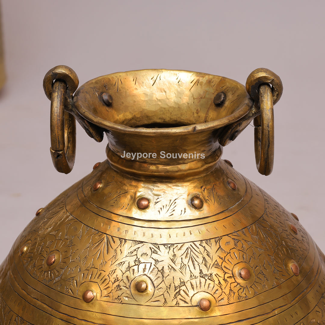 Brass Handcrafted Engraved Planter Pot with Ring Handles