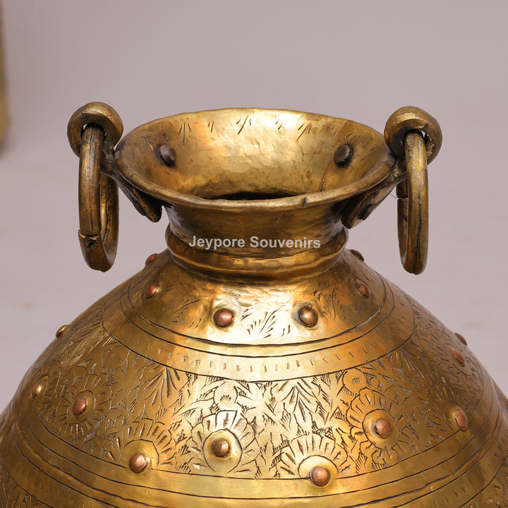 Brass Handcrafted Engraved Planter Pot with Ring Handles