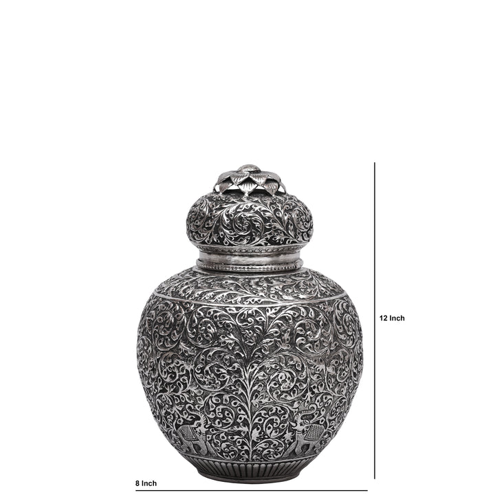 Handcrafted Silver Polished Copper Vase with Floral &amp; Elephant Engraving Art
