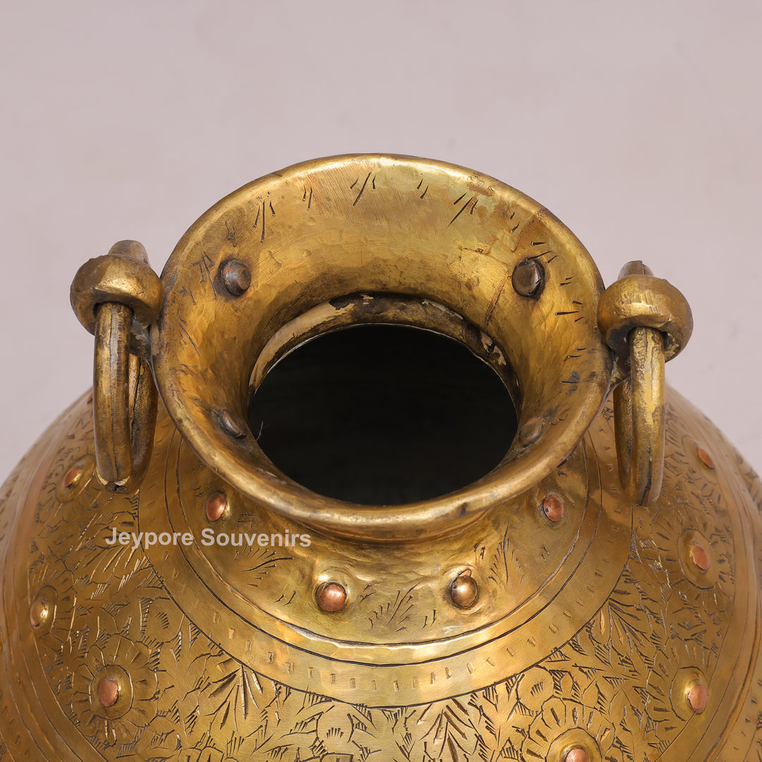 Brass Handcrafted Engraved Planter Pot with Ring Handles