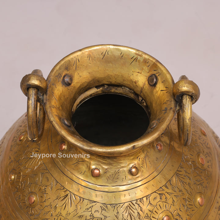 Brass Handcrafted Engraved Planter Pot with Ring Handles