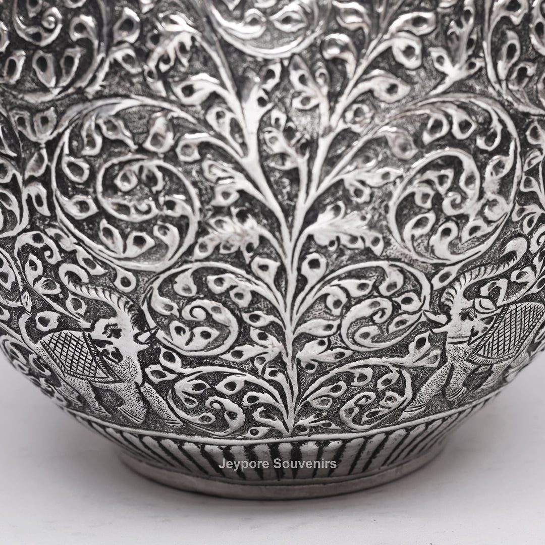 Handcrafted Silver Polished Copper Vase with Floral &amp; Elephant Engraving Art