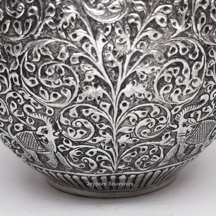 Handcrafted Silver Polished Copper Vase with Floral &amp; Elephant Engraving Art
