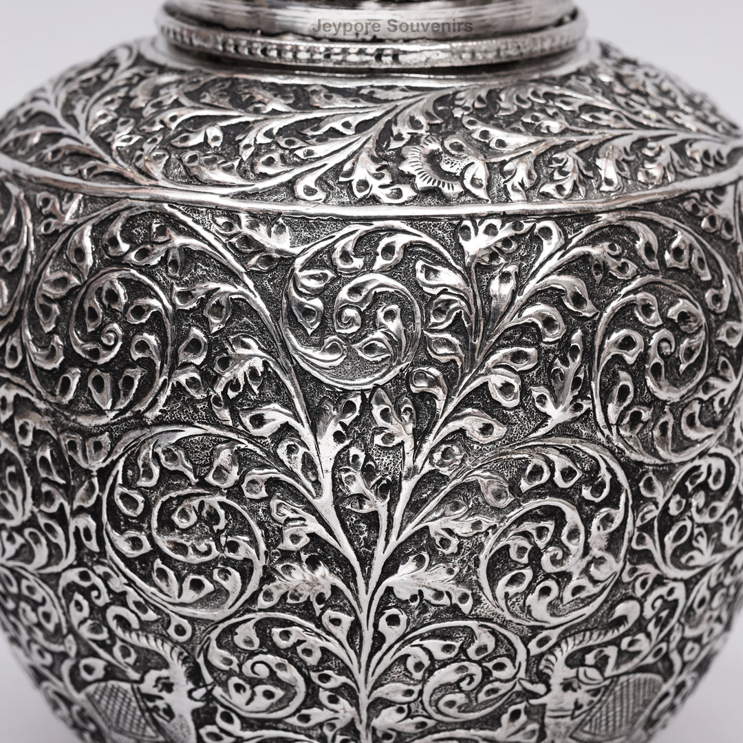 Handcrafted Silver Polished Copper Vase with Floral &amp; Elephant Engraving Art