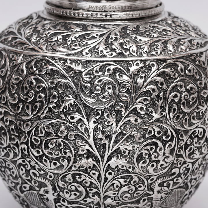 Handcrafted Silver Polished Copper Vase with Floral &amp; Elephant Engraving Art