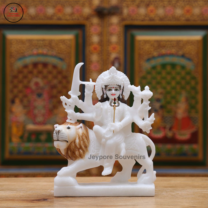 Handcrafted Pure White Marble Goddess Durga Idol With Lion