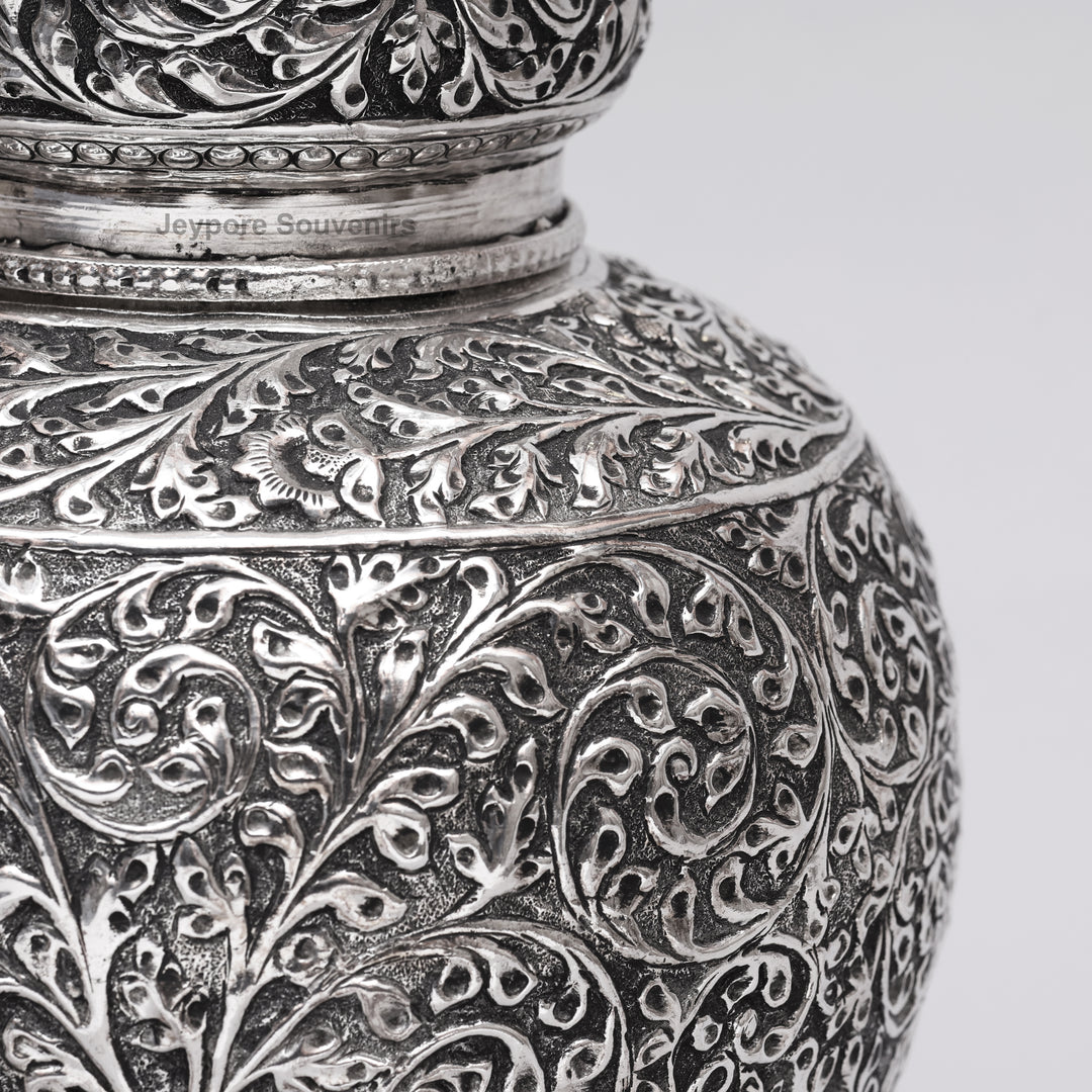 Handcrafted Silver Polished Copper Vase with Floral &amp; Elephant Engraving Art