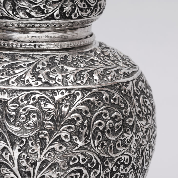 Handcrafted Silver Polished Copper Vase with Floral &amp; Elephant Engraving Art