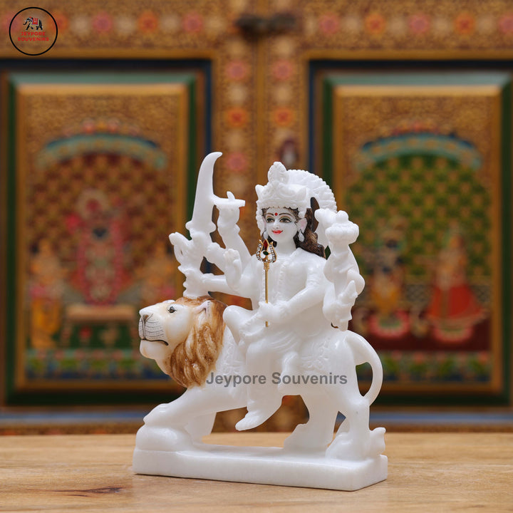 Handcrafted Pure White Marble Goddess Durga Idol With Lion