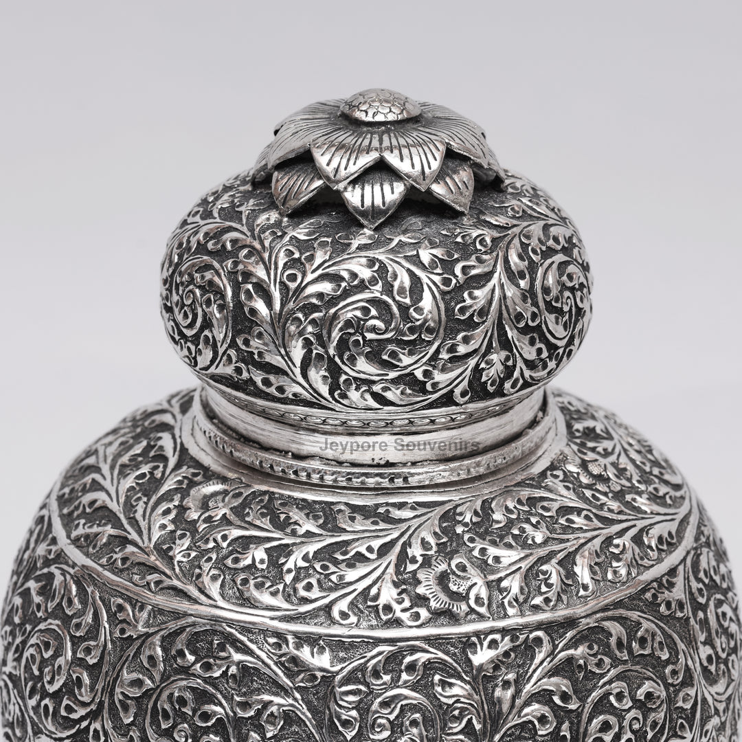 Handcrafted Silver Polished Copper Vase with Floral &amp; Elephant Engraving Art