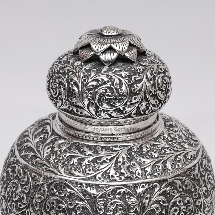 Handcrafted Silver Polished Copper Vase with Floral &amp; Elephant Engraving Art