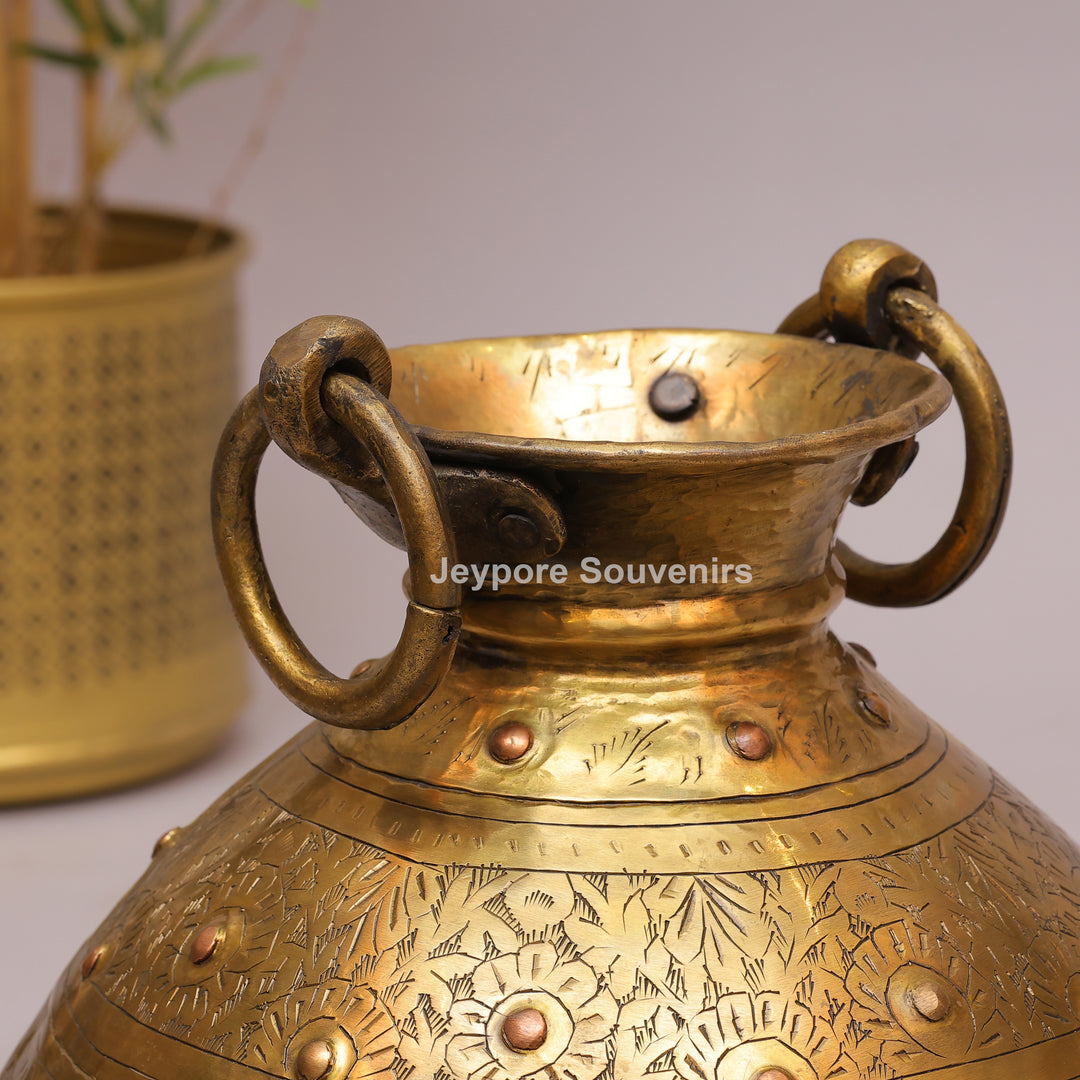 Brass Handcrafted Engraved Planter Pot with Ring Handles
