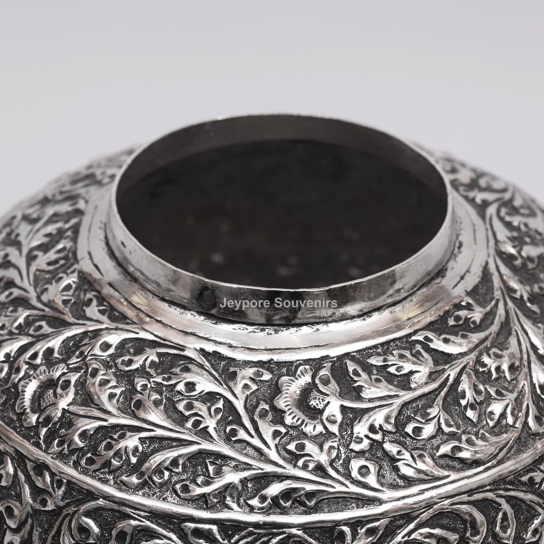 Handcrafted Silver Polished Copper Vase with Floral &amp; Elephant Engraving Art