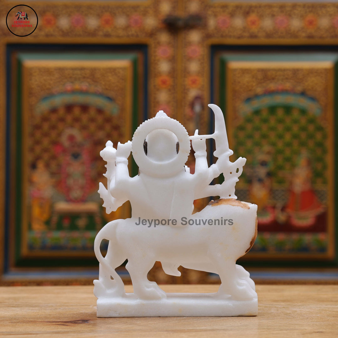 Handcrafted Pure White Marble Goddess Durga Idol With Lion