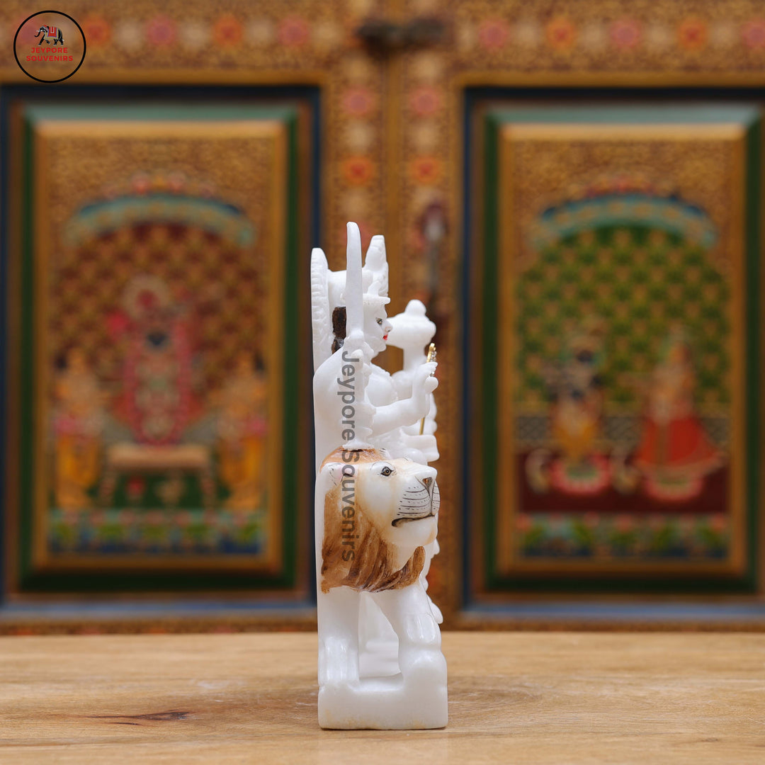 Handcrafted Pure White Marble Goddess Durga Idol With Lion