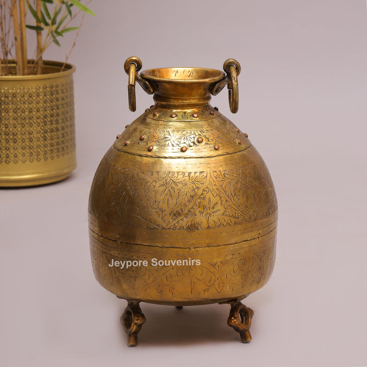 Handcrafted Antique Brass Planter Pot with Ring Handles