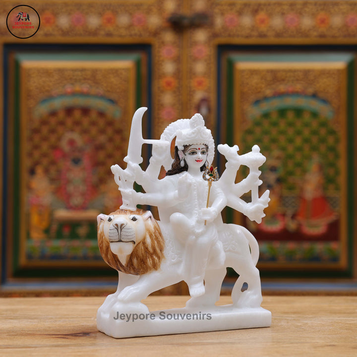 Handcrafted Pure White Marble Goddess Durga Idol With Lion