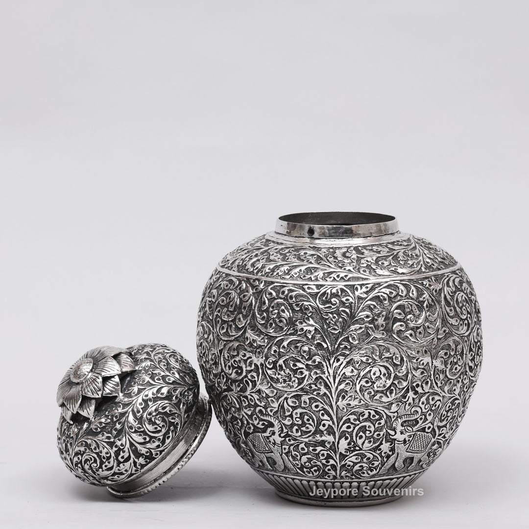 Handcrafted Silver Polished Copper Vase with Floral &amp; Elephant Engraving Art
