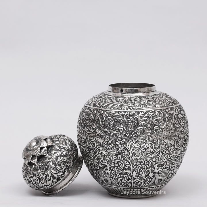 Handcrafted Silver Polished Copper Vase with Floral &amp; Elephant Engraving Art