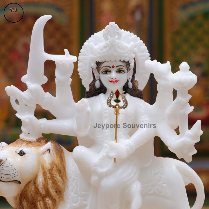 Handcrafted Pure White Marble Goddess Durga Idol With Lion