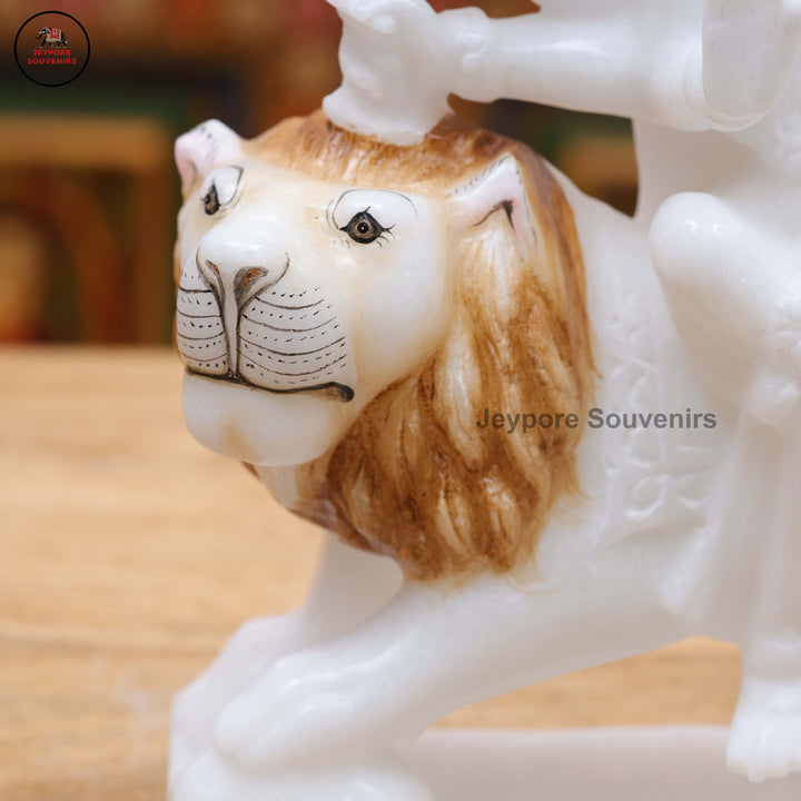Handcrafted Pure White Marble Goddess Durga Idol With Lion