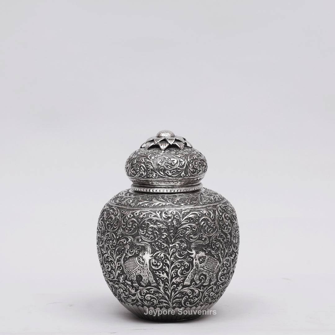 Handcrafted Silver-Plated Copper Decorative Vase with Dome Lid
