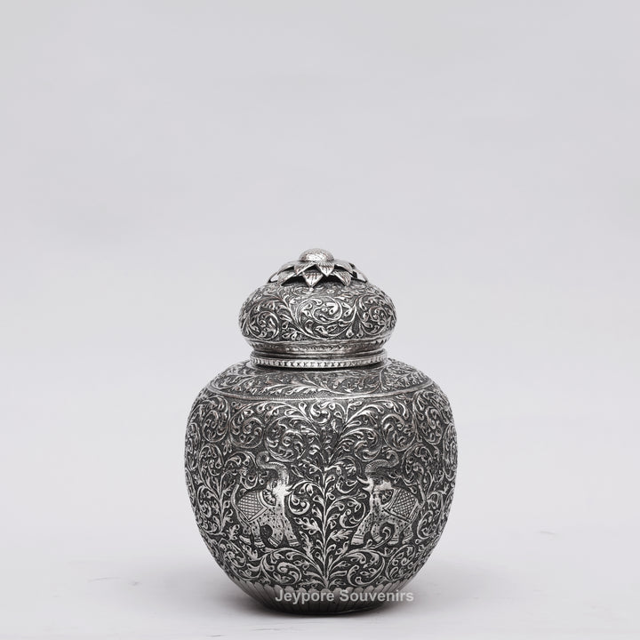 Handcrafted Silver-Plated Copper Decorative Vase with Dome Lid