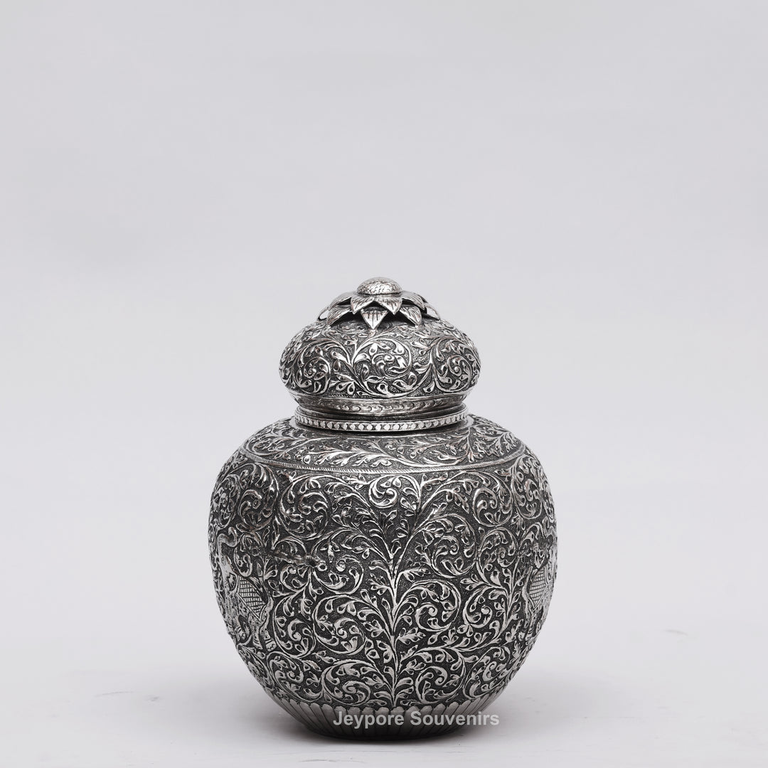 Handcrafted Silver-Plated Copper Decorative Vase with Dome Lid
