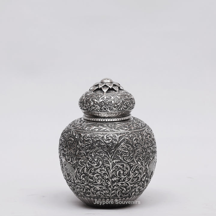 Handcrafted Silver-Plated Copper Decorative Vase with Dome Lid
