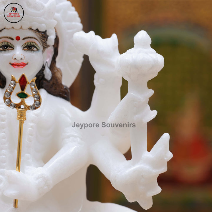 Handcrafted Pure White Marble Goddess Durga Idol With Lion