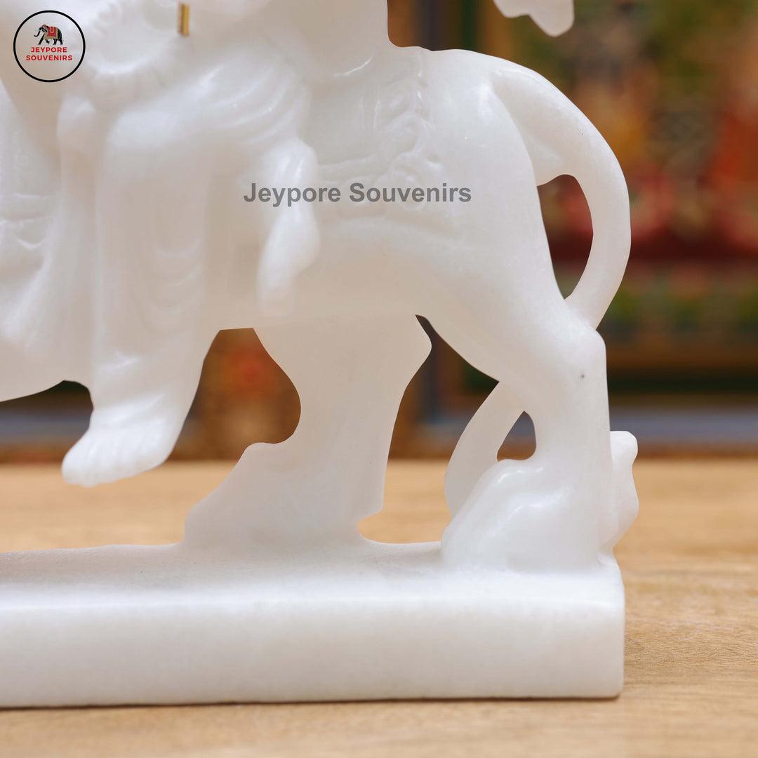 Handcrafted Pure White Marble Goddess Durga Idol With Lion