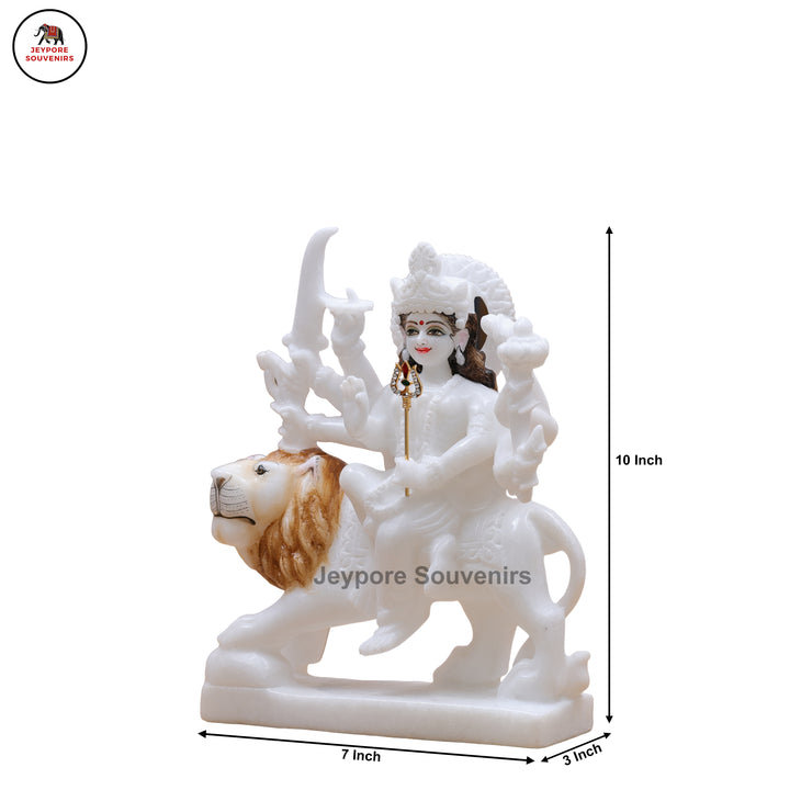 Handcrafted Pure White Marble Goddess Durga Idol With Lion
