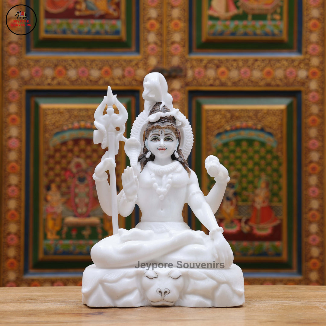 Handcrafted Pure White Marble Lord Shiva Idol with Trishul &amp; Serpent