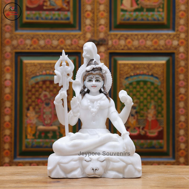 Handcrafted Pure White Marble Lord Shiva Idol with Trishul &amp; Serpent