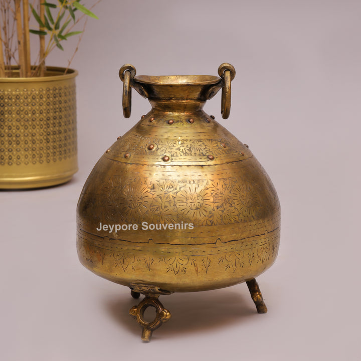 Handcrafted Antique Brass Planter with Ring Handles