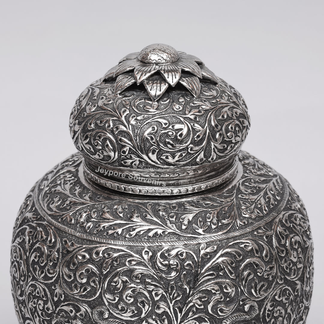 Handcrafted Silver-Plated Copper Decorative Vase with Dome Lid